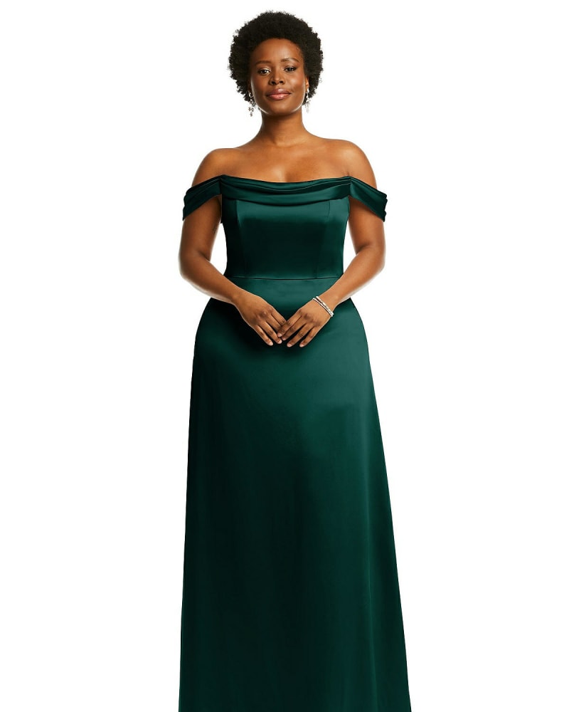 Front of a model wearing a size 22W Draped Pleat Off-the-Shoulder Maxi Dress in Evergreen by Dessy Collection. | dia_product_style_image_id:267060